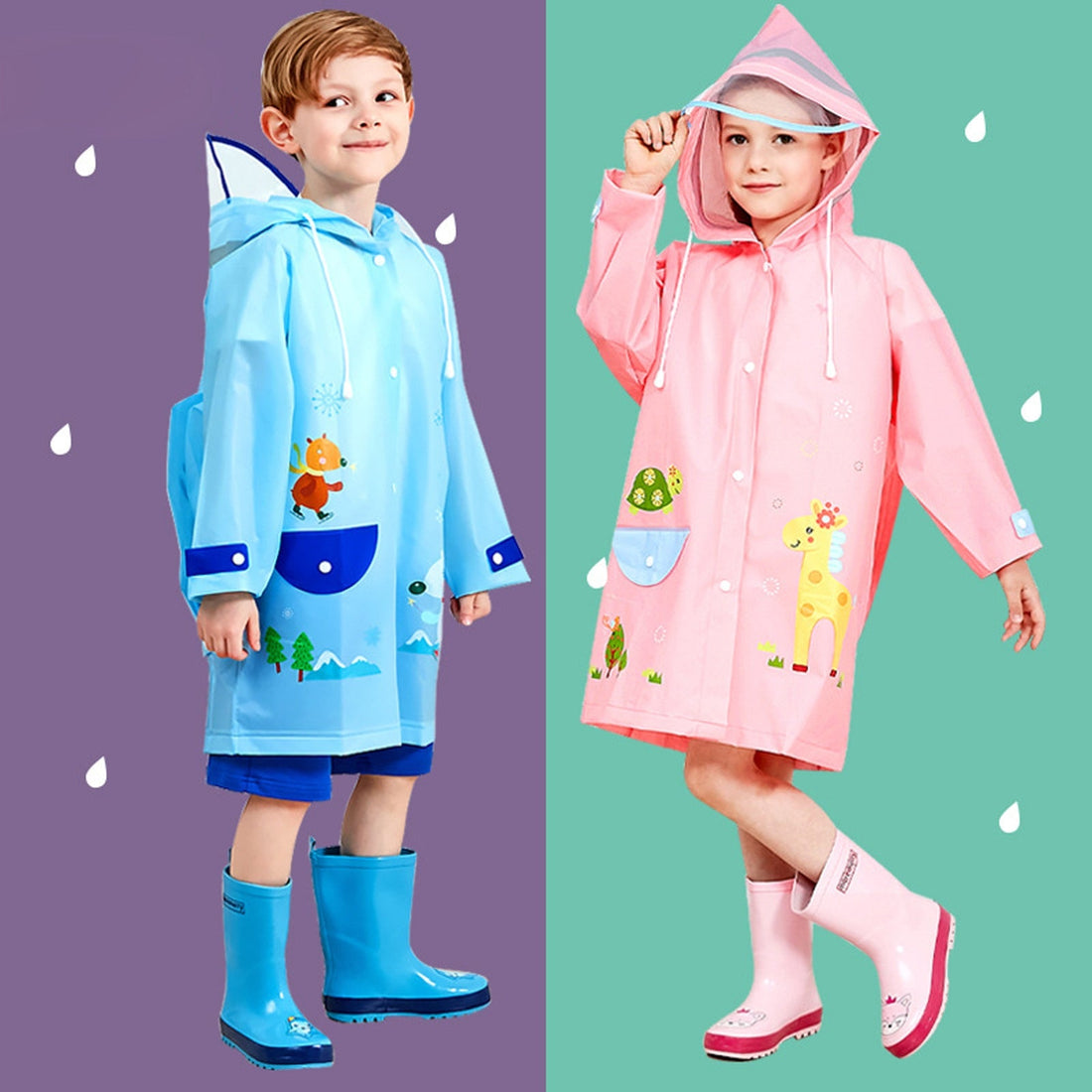 Kids Boys Girls Cartoon Print Hooded Raincoat childrensterritory