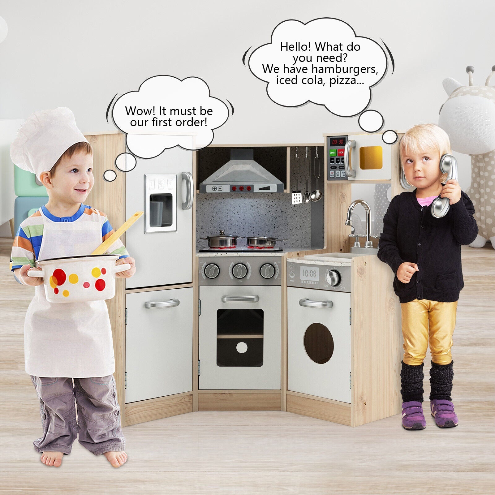 Kids Corner Wooden Kitchen Playset w/ Cookware Accessories childrensterritory