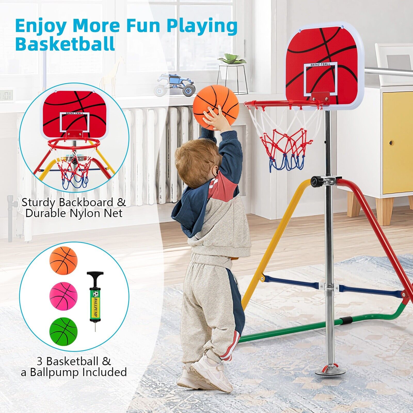 Kids Folding &amp; Adjustable Gymnastics Bar W/Basketball Hoop childrensterritory