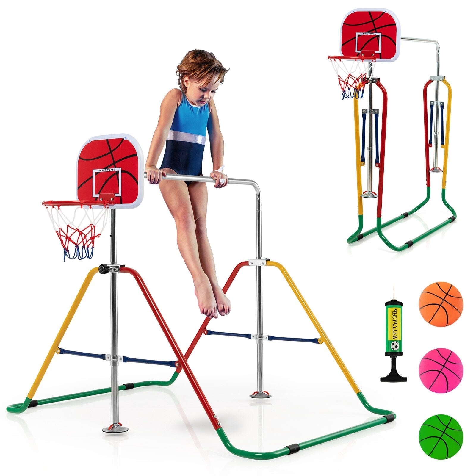Kids Folding &amp; Adjustable Gymnastics Bar W/Basketball Hoop childrensterritory
