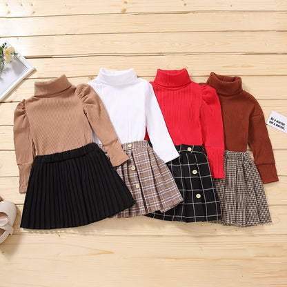 Kids Girls 2Pcs Turtleneck Knitwear &amp; Pleated Skirt Set childrensterritory