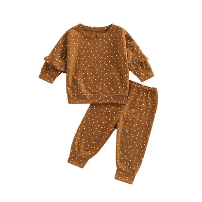 Kids Girls Dot Print Ruffle Tops &amp; Warm Trousers Set childrensterritory