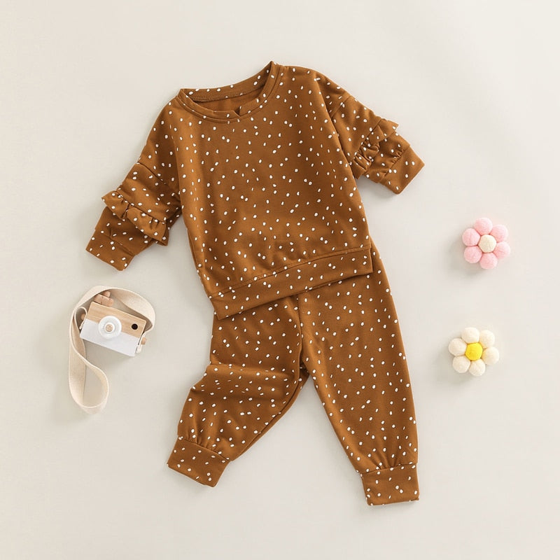 Kids Girls Dot Print Ruffle Tops &amp; Warm Trousers Set childrensterritory