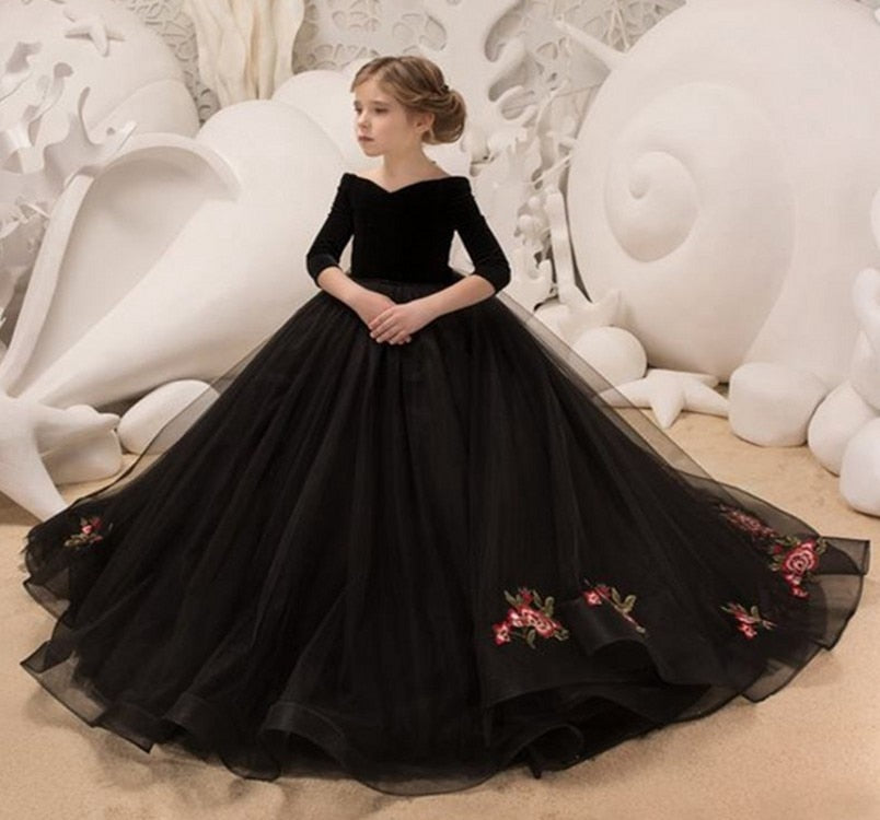 Kids Girls Elegant Long Black Embroidery Prom Dresses childrensterritory
