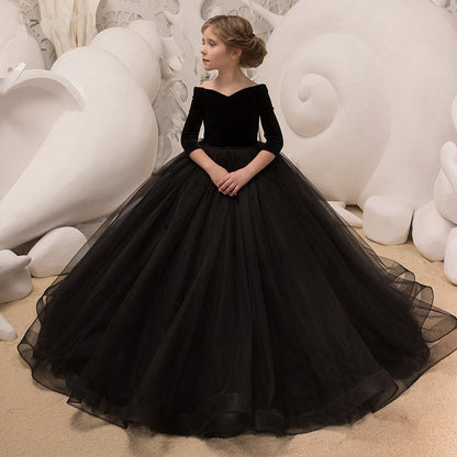 Kids Girls Elegant Long Black Embroidery Prom Dresses childrensterritory
