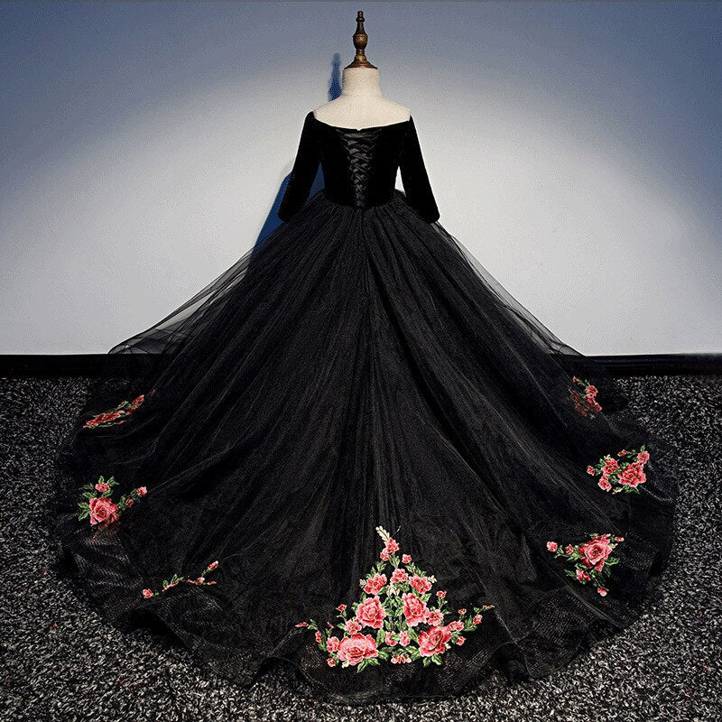 Kids Girls Elegant Long Black Embroidery Prom Dresses childrensterritory
