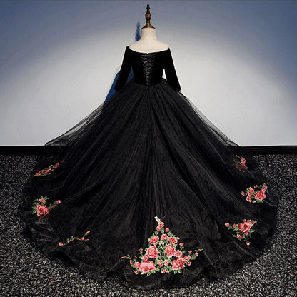 Kids Girls Elegant Long Black Embroidery Prom Dresses childrensterritory