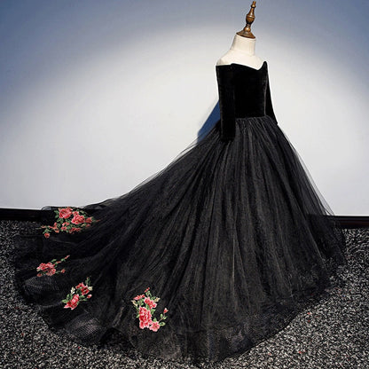 Kids Girls Elegant Long Black Embroidery Prom Dresses childrensterritory