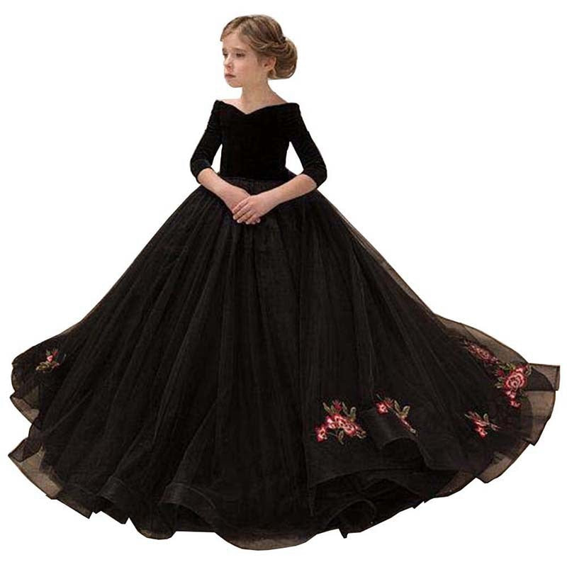 Kids Girls Elegant Long Black Embroidery Prom Dresses childrensterritory