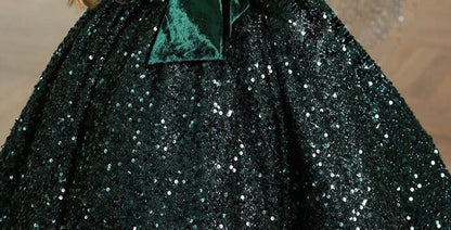 Kids Girls Emerald Green One Shoulder Glittery Party Dress childrensterritory