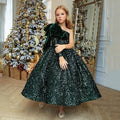 Kids Girls Emerald Green One Shoulder Glittery Party Dress childrensterritory