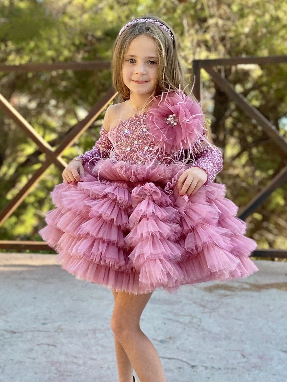 Girls Ivory Embroidered Glitter Dress w/ Pearl Waistband - Pink Princess