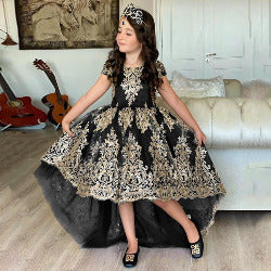 Kids Girls Gold Applique Hi-lo Princess Party Dresses/Gowns childrensterritory