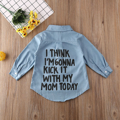 Kids Girls Long Sleeve Letter Print Denim Shirt childrensterritory