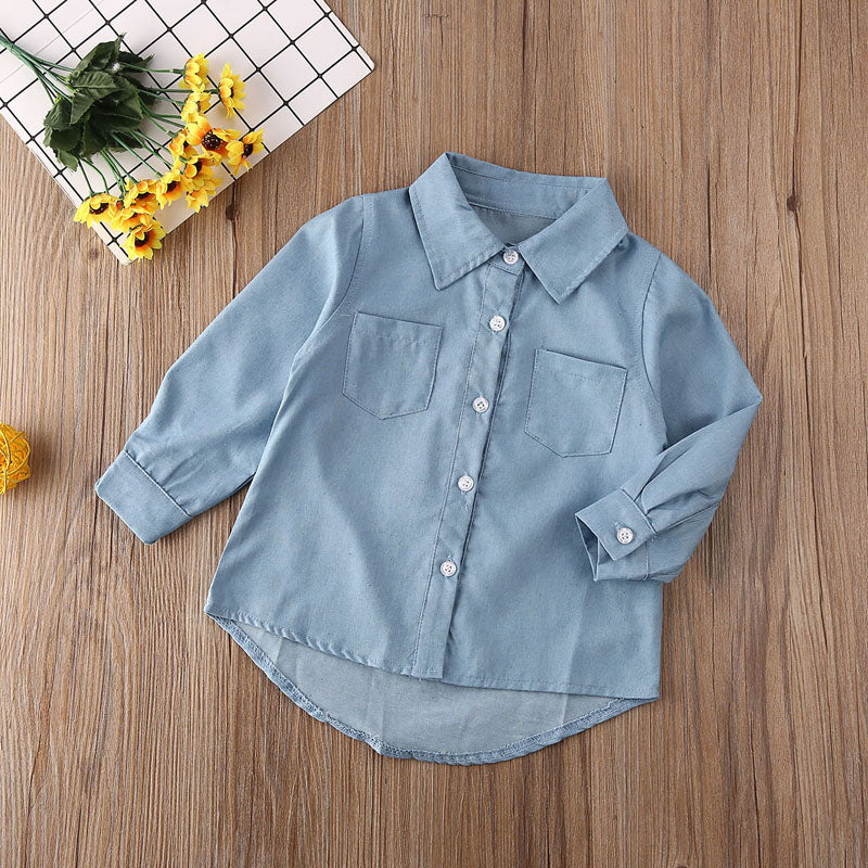 Kids Girls Long Sleeve Letter Print Denim Shirt childrensterritory