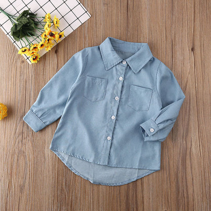Kids Girls Long Sleeve Letter Print Denim Shirt childrensterritory
