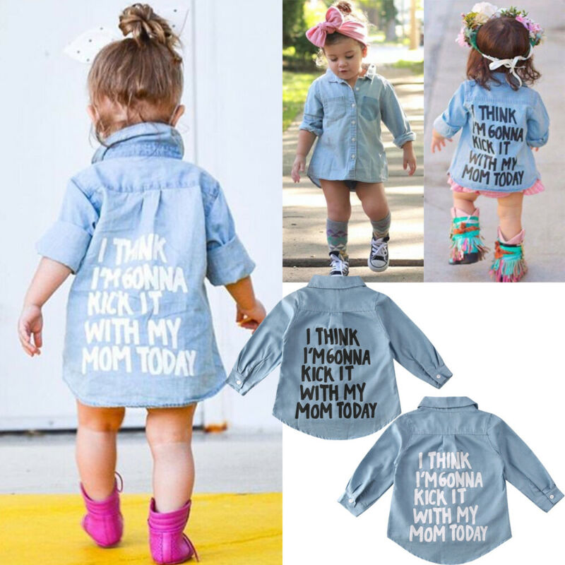 Kids Girls Long Sleeve Letter Print Denim Shirt childrensterritory