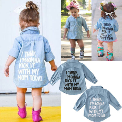Kids Girls Long Sleeve Letter Print Denim Shirt childrensterritory