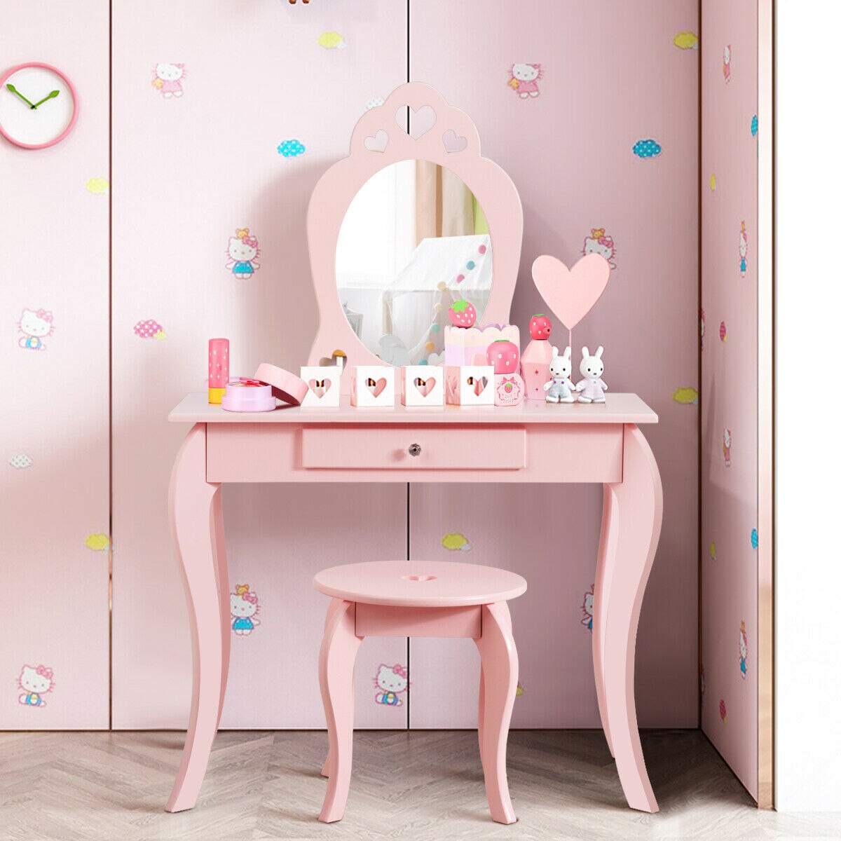 Kids Girls Pink Princess Makeup Dressing Table Set W/Mirror childrensterritory