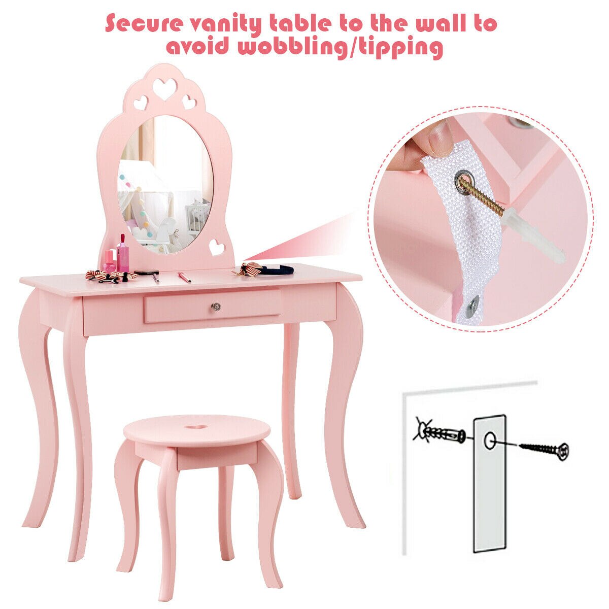Kids Girls Pink Princess Makeup Dressing Table Set W/Mirror childrensterritory