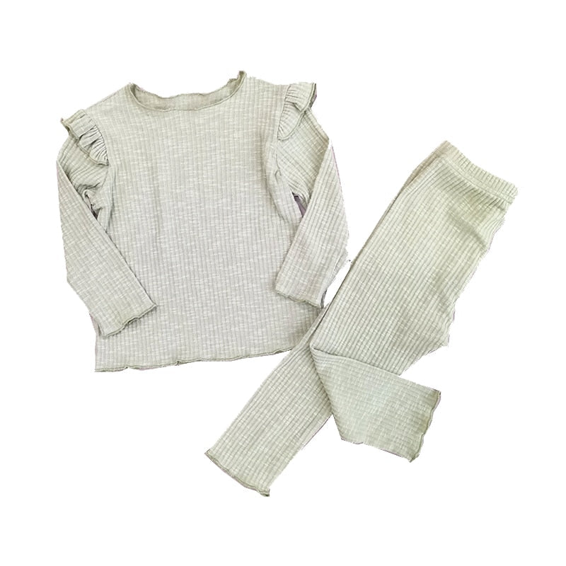 Kids Girls Ruffle Pajamas Sets/Solid Long Sleeve Sleepwear Set childrensterritory