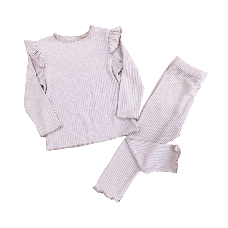 Kids Girls Ruffle Pajamas Sets/Solid Long Sleeve Sleepwear Set childrensterritory