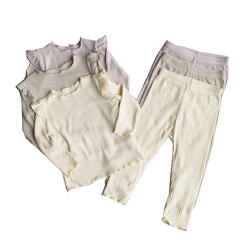 Kids Girls Ruffle Pajamas Sets/Solid Long Sleeve Sleepwear Set childrensterritory