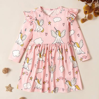 Kids Girls Ruffled Cartoon Print Midi Dress childrensterritory