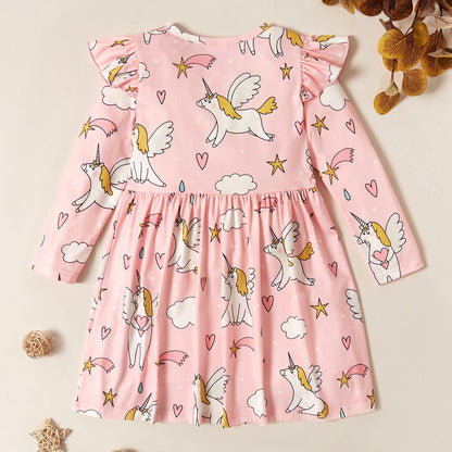 Kids Girls Ruffled Cartoon Print Midi Dress childrensterritory