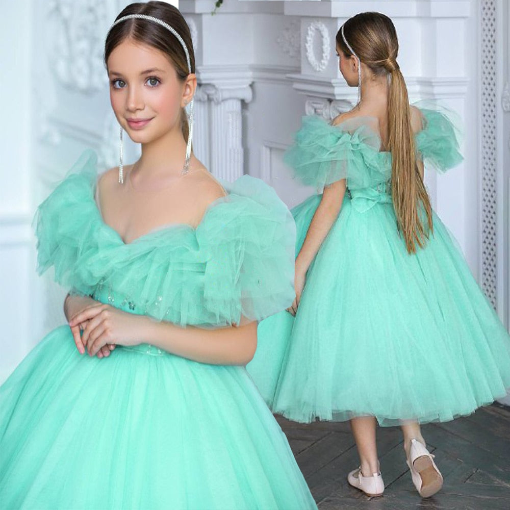 Kids Girls Ruffles Sleeves Sheer O Neck Sequined Party Dress childrensterritory