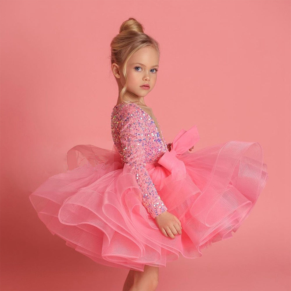 Kids Girls Sequin Fluffy Tutu Birthday Gowns with Big Bow childrensterritory