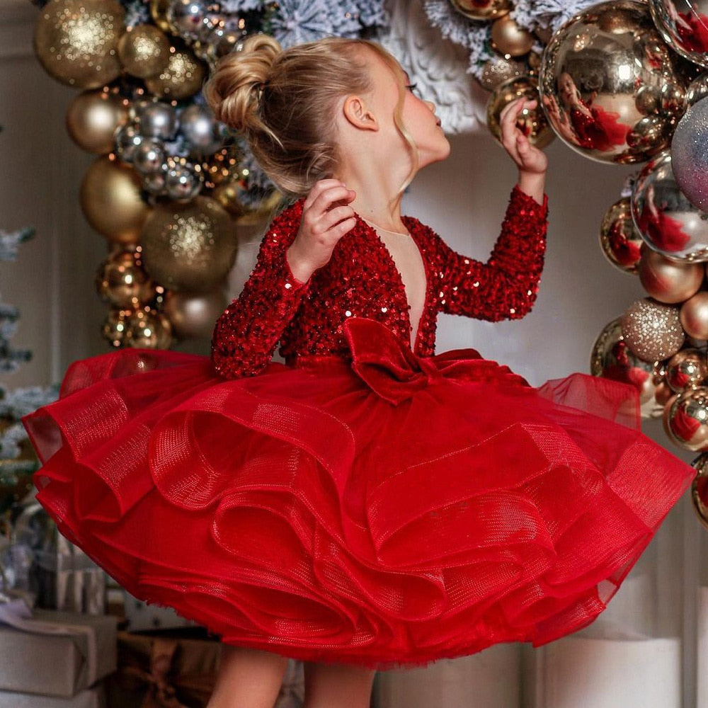 Kids Girls Sequin Fluffy Tutu Birthday Gowns with Big Bow childrensterritory