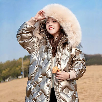 Kids Girls Thick Warm Long Style Fur Collar Outerwear childrensterritory
