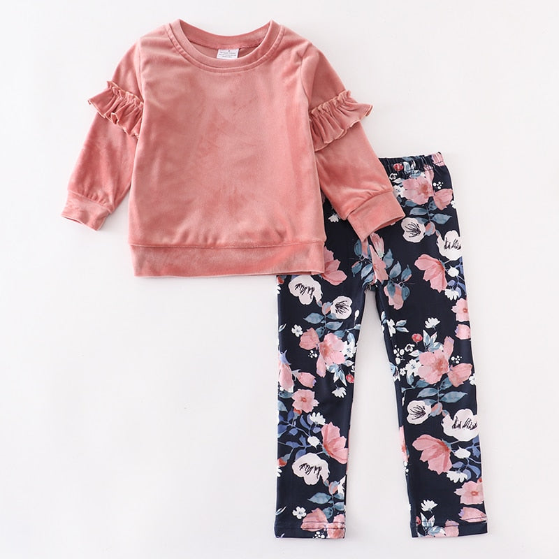 Kids Girls Velvet Top & Floral Pants Set | 2Pcs Clothes childrensterritory
