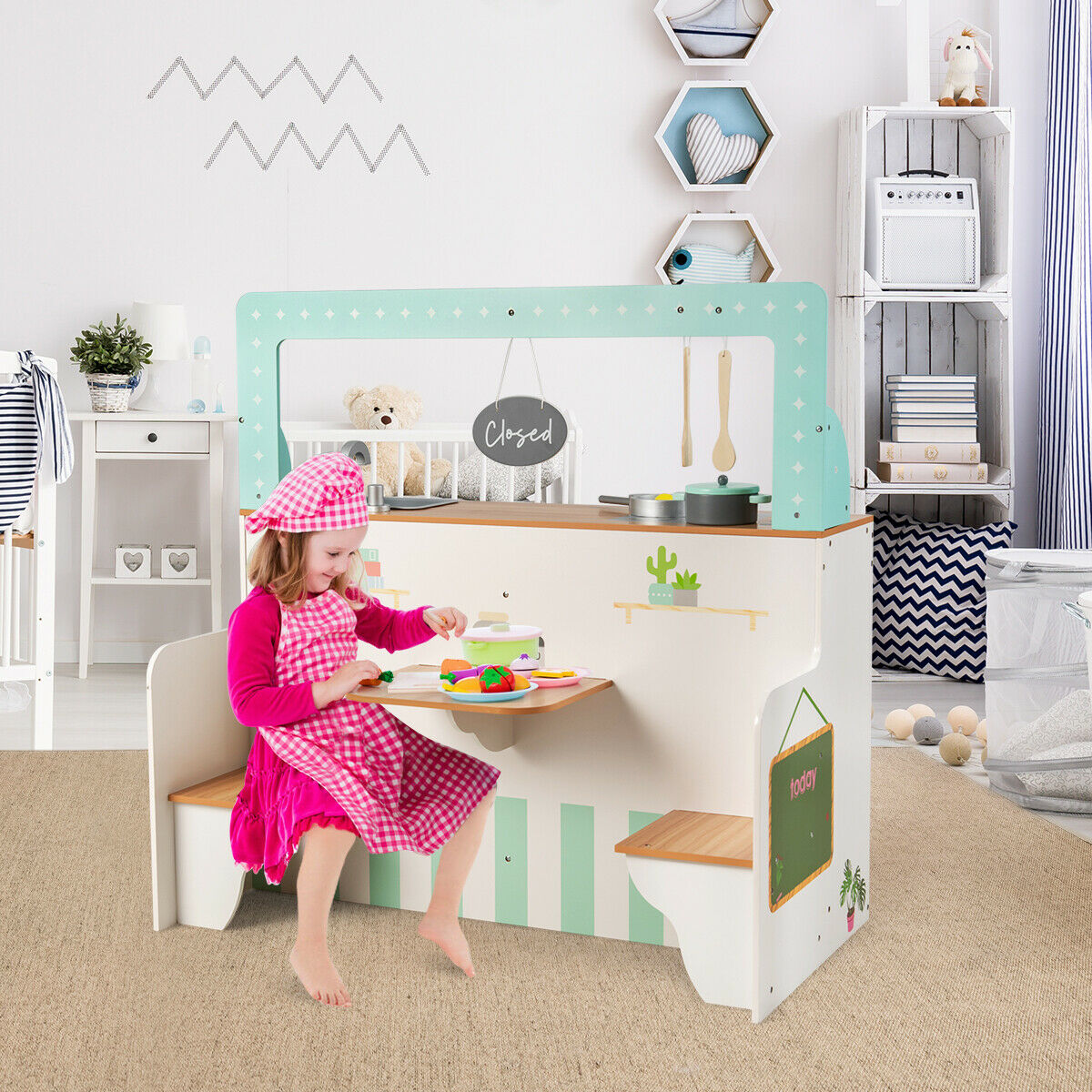 Kids Kitchen &amp; Diner Restaurant Wooden Pretend Cooking Playset childrensterritory