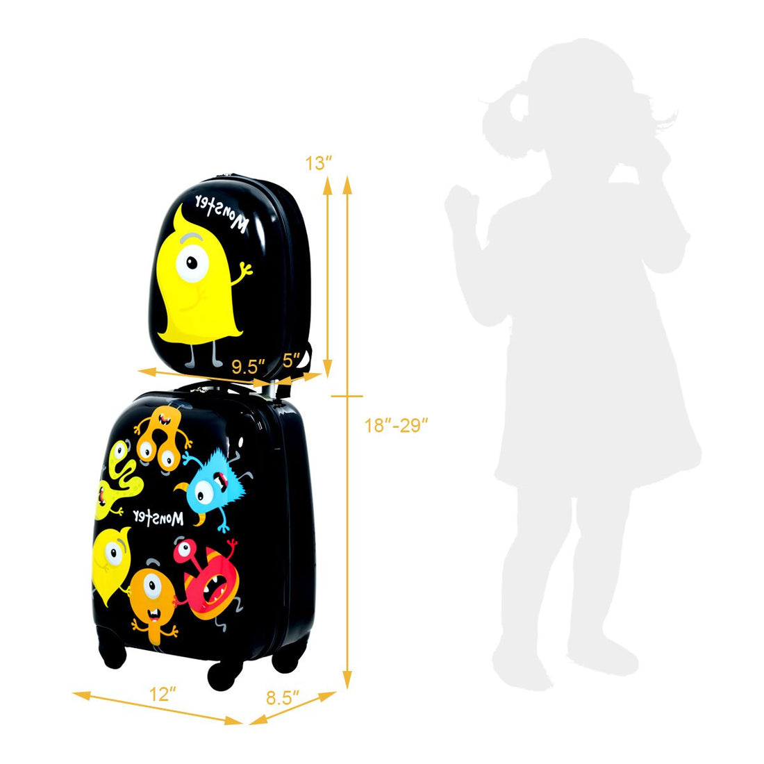 Kids Monster Print Rolling Trolley Suitcase childrensterritory