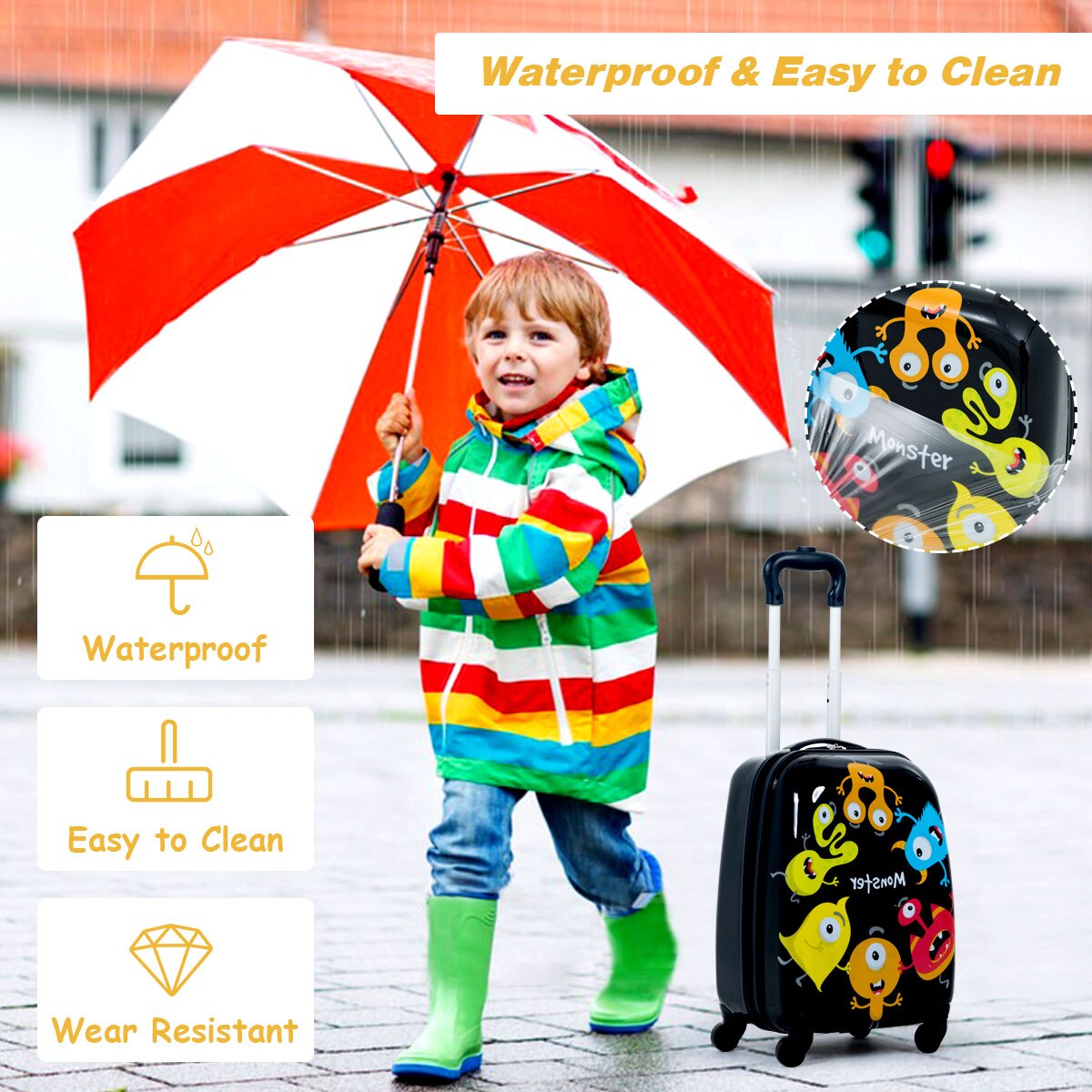 Kids Monster Print Rolling Trolley Suitcase childrensterritory