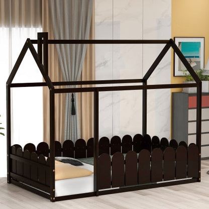 Kids Twin Size Wooden Bed House Frame with Fence childrensterritory
