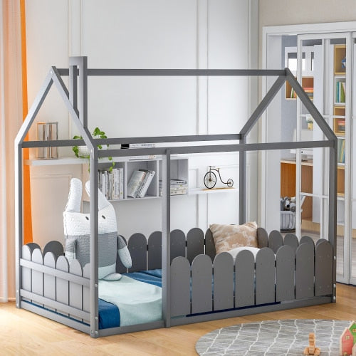 Kids Twin Size Wooden Bed House Frame with Fence childrensterritory