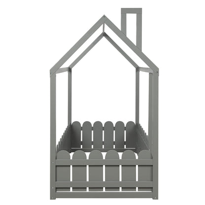 Kids Twin Size Wooden Bed House Frame with Fence childrensterritory