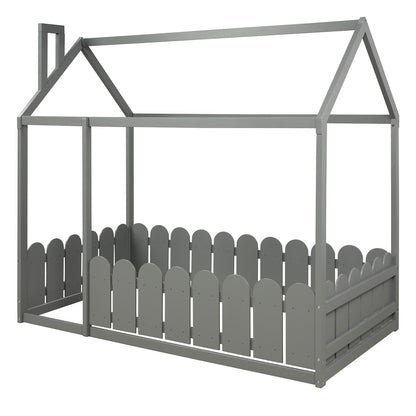 Kids Twin Size Wooden Bed House Frame with Fence childrensterritory