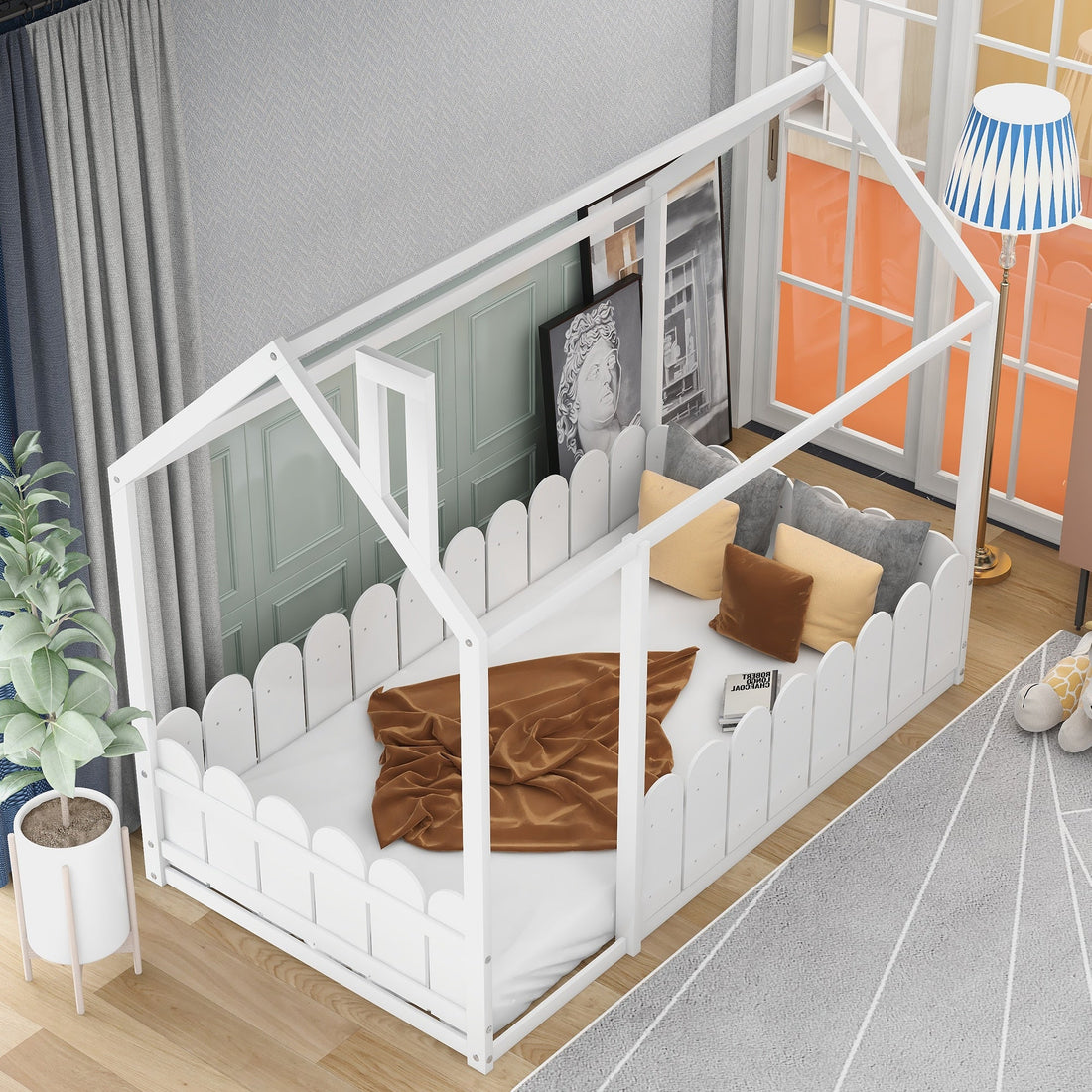 Kids Twin Size Wooden Bed House Frame with Fence childrensterritory