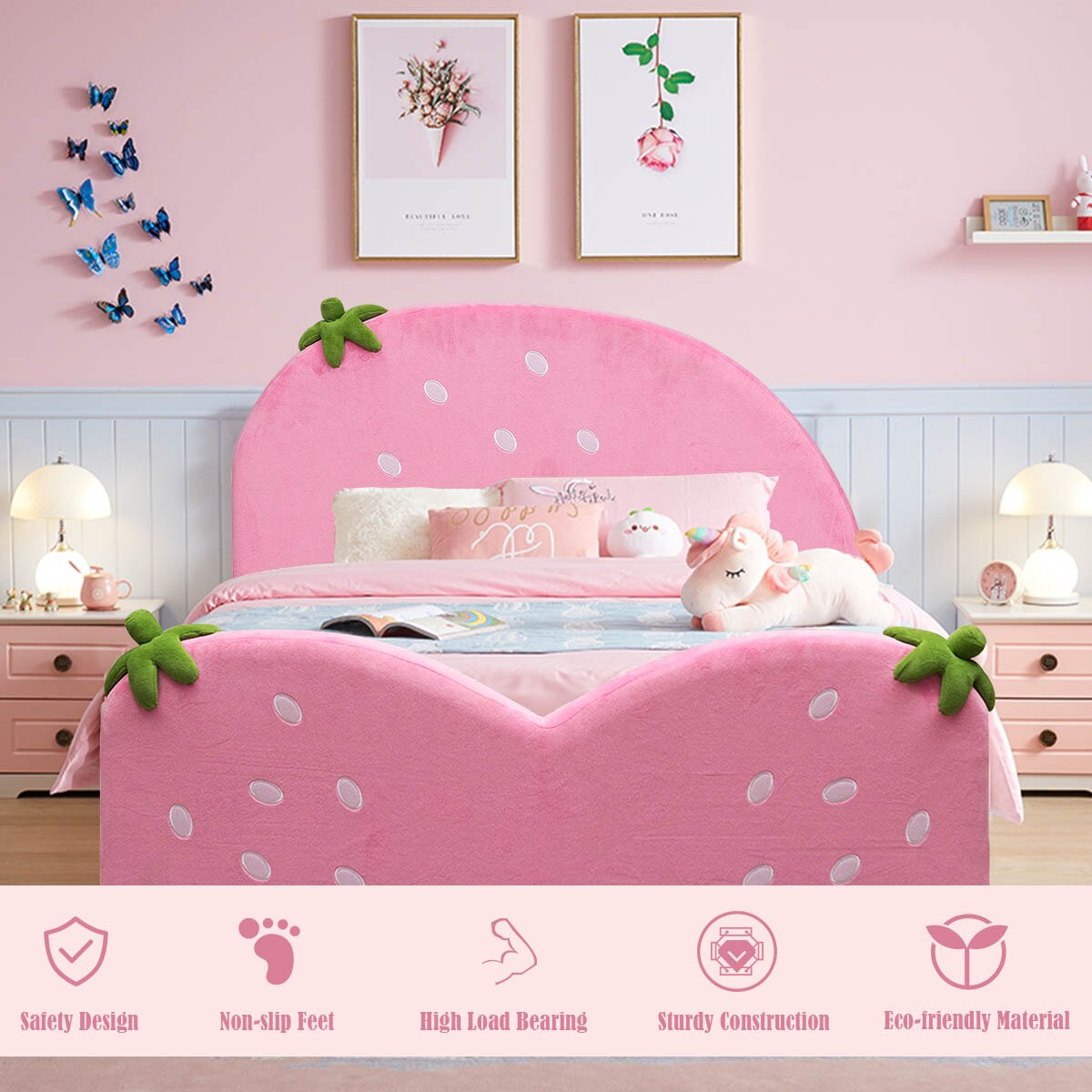 Kids Upholstered Platform Bed Berry Pattern childrensterritory