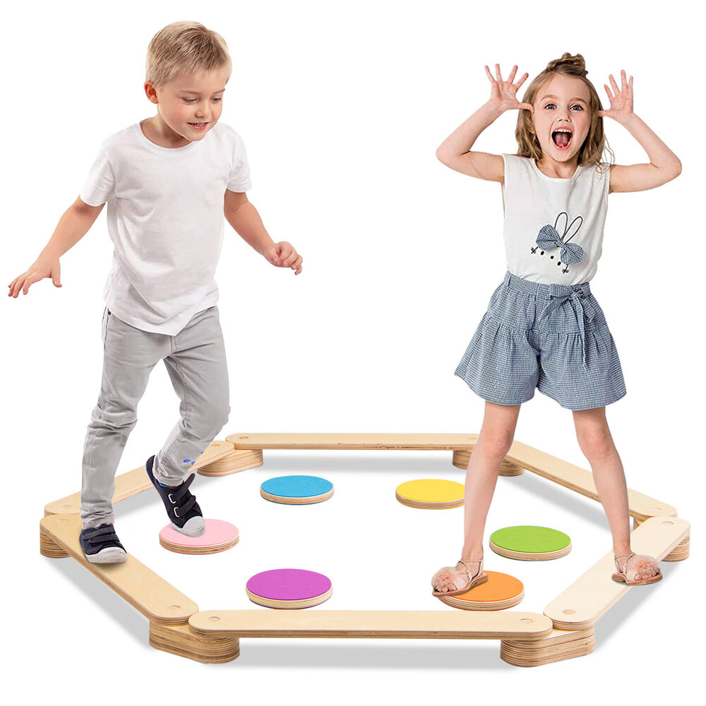 Kids Wooden Balance Beam Set with Colorful Stepping Stones childrensterritory