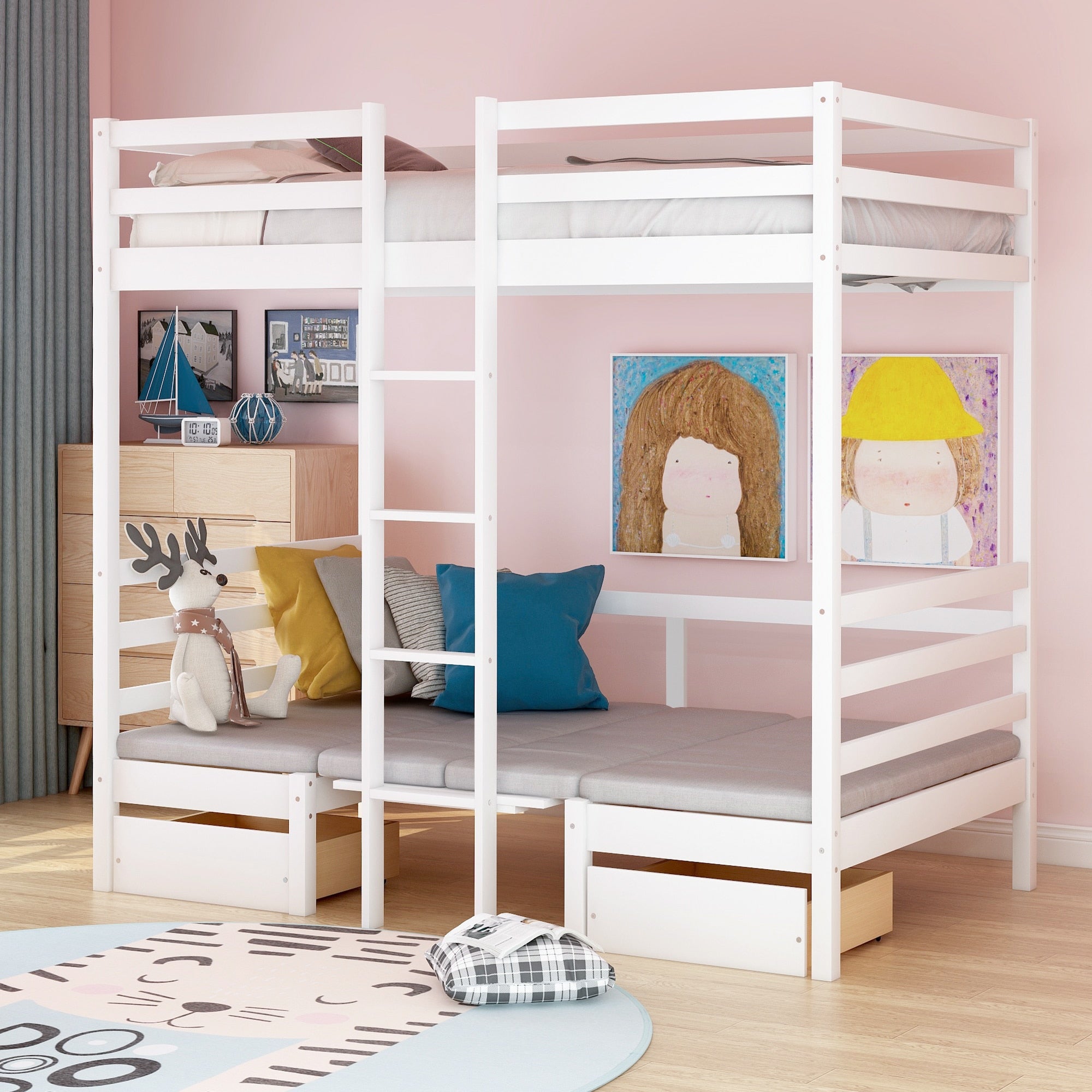 Multi-functional Loft Bed Frame With Free Cushion Sets childrensterritory
