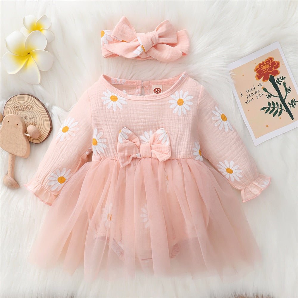 Newborn Girls Daisy Print Tulle Princess Dress childrensterritory