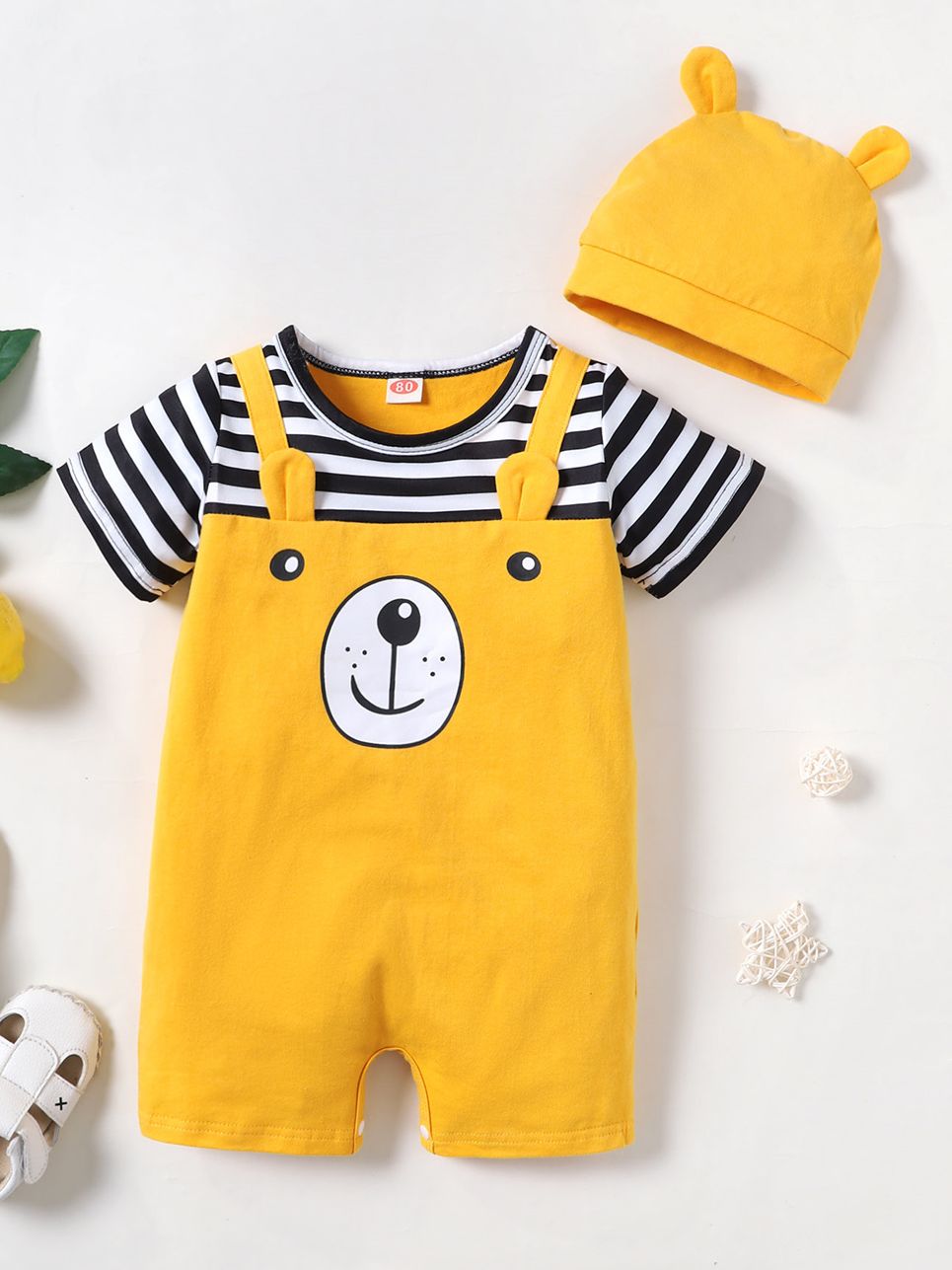 Bear Print Striped Baby Boy Bodysuit with Hat childrensterritory