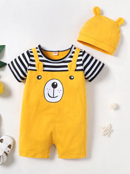Bear Print Striped Baby Boy Bodysuit with Hat childrensterritory