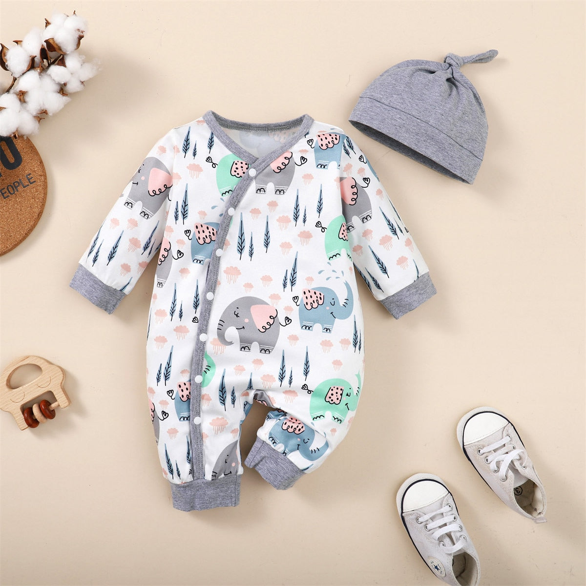 Infant Boy Cartoon Print One-Piece with Hat Set childrensterritory