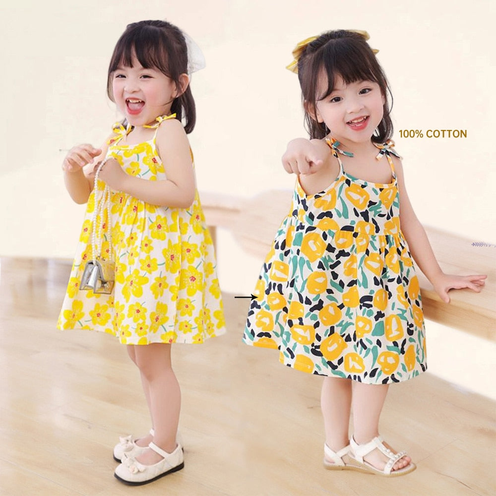 Floral Print Kids Girls Sleeveless Cotton Dresses childrensterritory